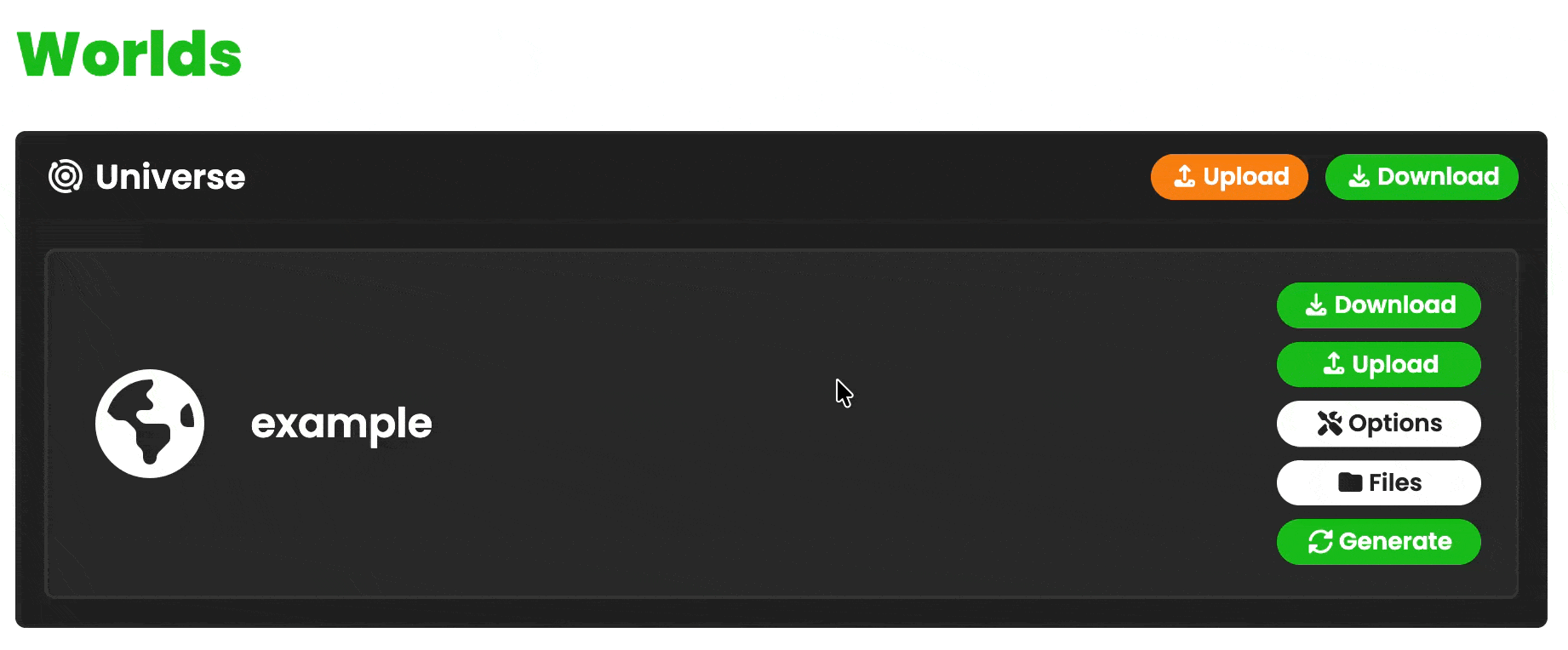 The upload button on the Universe world child is clicked, and a dropdown menu appears with two options: Folder and Zip Archive.